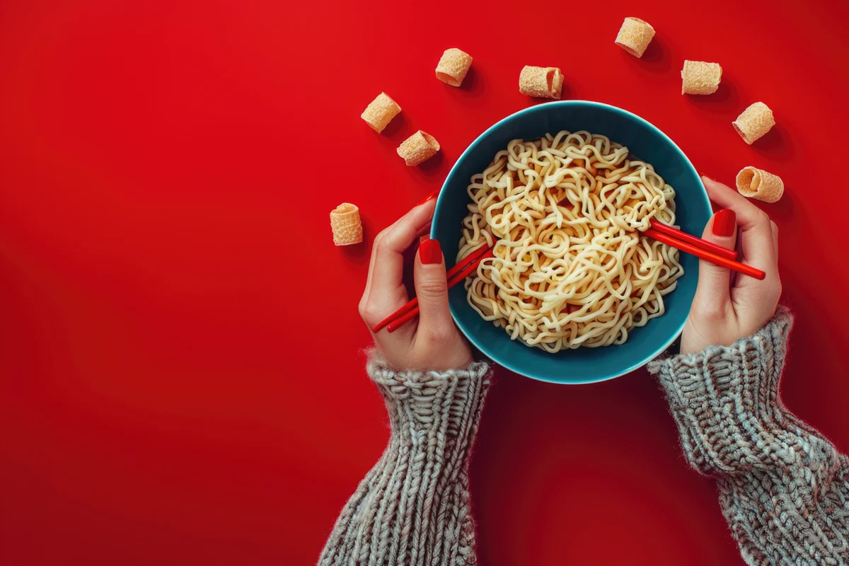 Hands holding a bowl of noodles with chopsticks