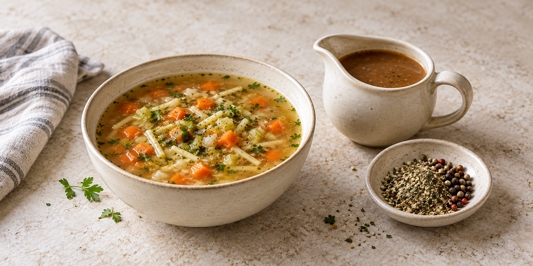 Serving suggestion: vegetable noodle soup, gravy and a seasoning blend