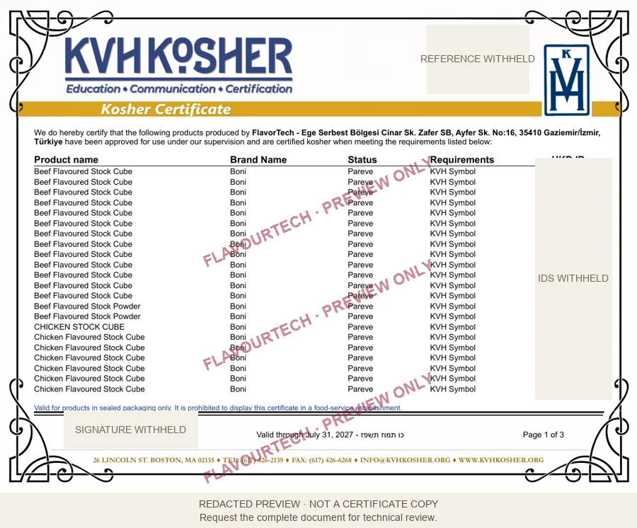 Redacted KVH Kosher certificate preview