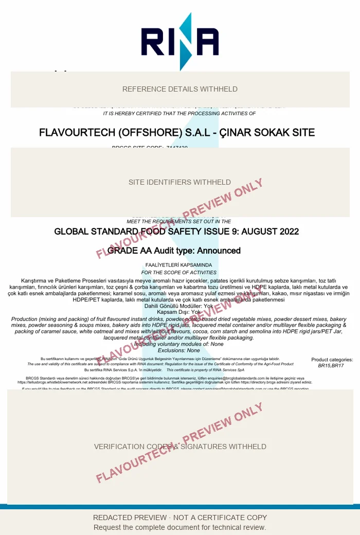 Redacted BRCGS certificate preview