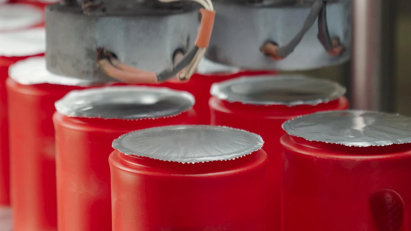 Foil seals being applied to containers on a FlavourTech packing line