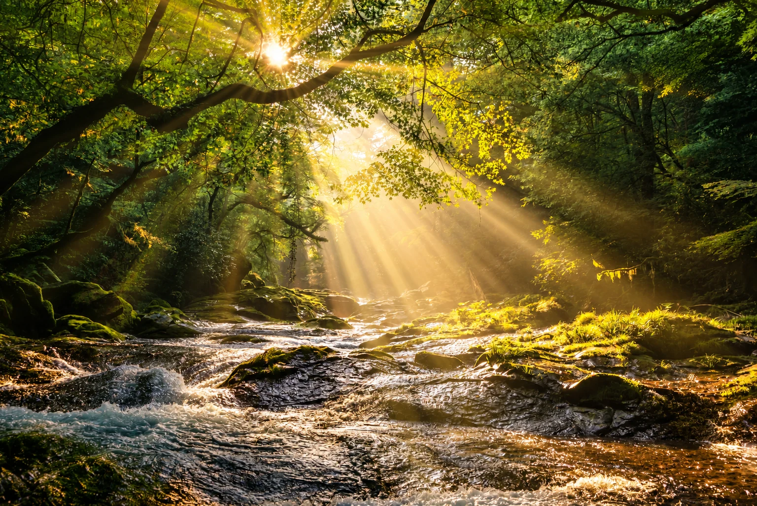 Sunlight filtering through woodland above a rocky stream