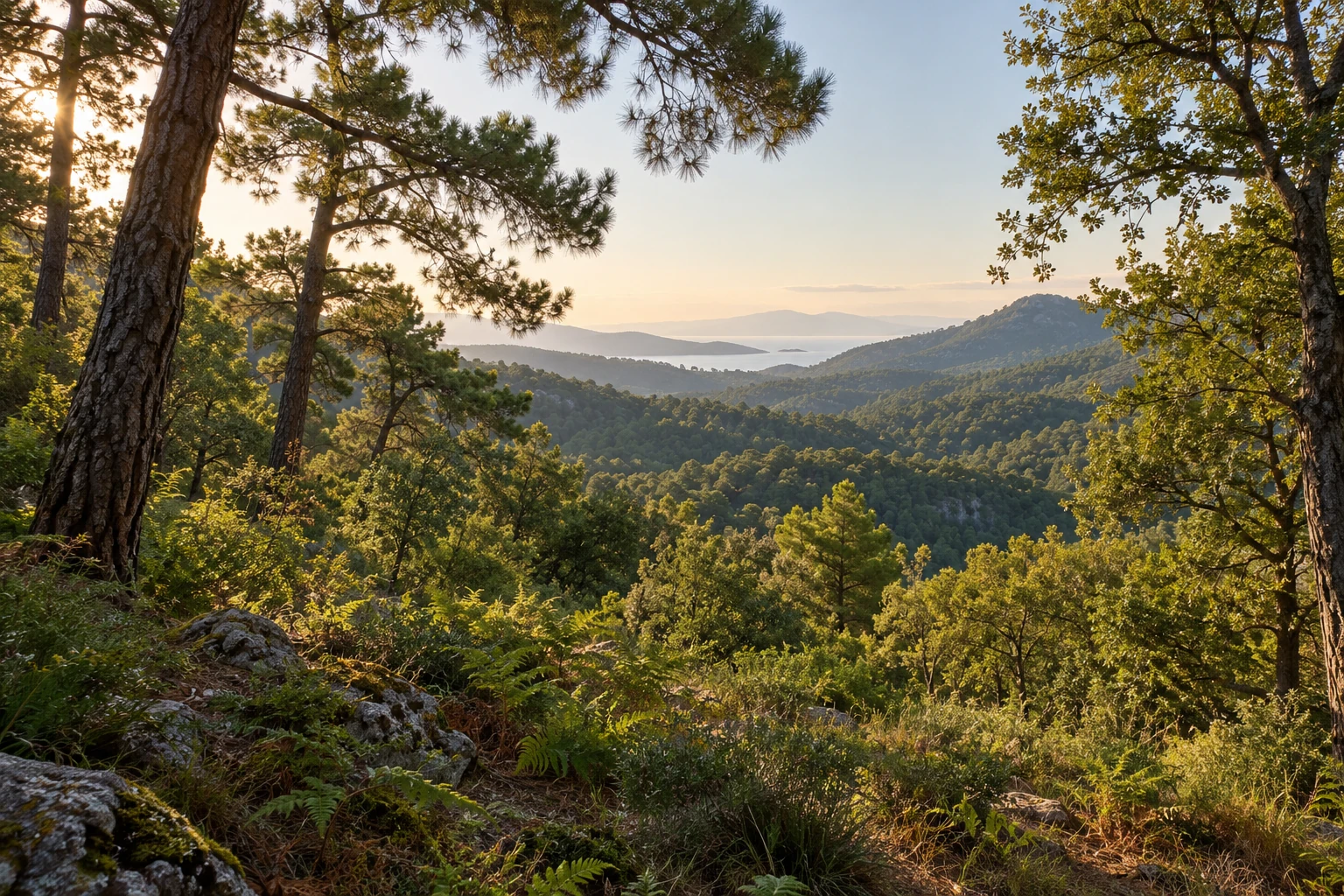 Mediterranean woodland opening onto green hills